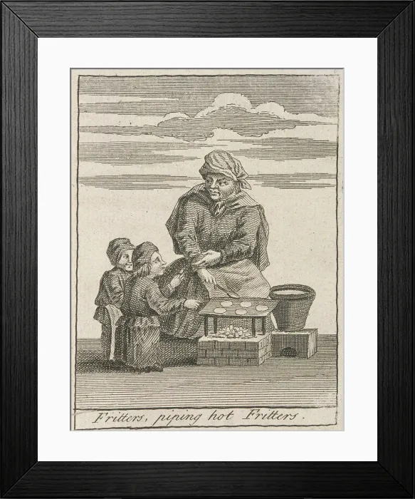Framed Print : Fritters, piping hot Fritters, Cries of London, (c1688?) Framed Print : Fritters, piping hot Fritters, Cries of London, (c1688?)