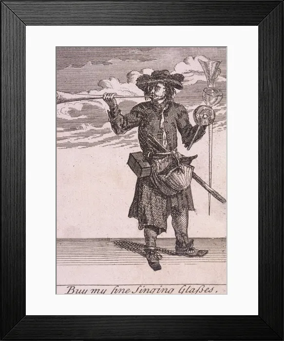 Framed Print : Buy my fine Singing Glasses, Cries of London, (c1688?) Framed Print : Buy my fine Singing Glasses, Cries of London, (c1688?)