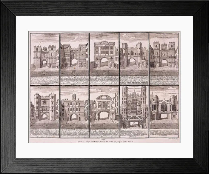 Framed Print : Londons ten City Gates, 1720. Artist: Sutton Nicholls Framed Print : Londons ten City Gates, 1720. Artist: Sutton Nicholls