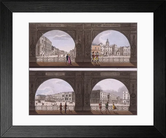 Framed Print : Four views of London sites seen through an arch, c1820 Framed Print : Four views of London sites seen through an arch, c1820