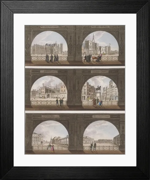 Framed Print : Six views of London sites seen through an arch, c1820 Framed Print : Six views of London sites seen through an arch, c1820