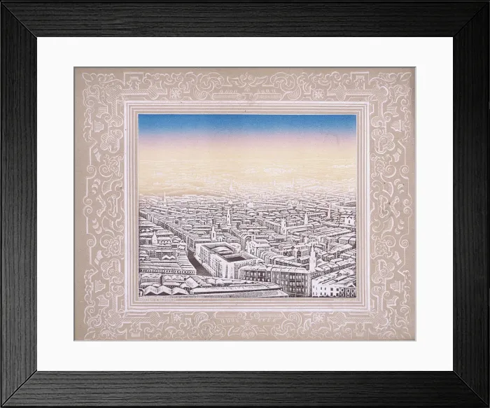 Framed Print : Aerial view of London with decorative border, c1845. Artist: Kronheim & Co Framed Print : Aerial view of London with decorative border, c1845. Artist: Kronheim & Co