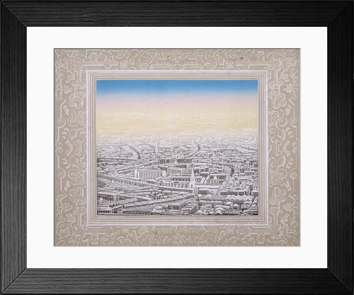 Framed Print : Aerial view of London with decorative border, c1845. Artist: Kronheim & Co Framed Print : Aerial view of London with decorative border, c1845. Artist: Kronheim & Co