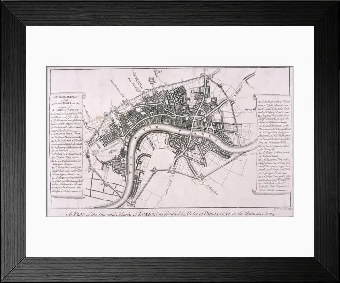 Framed Print : Map of London showing English Civil War Fortifications, c1642, (c1750) Framed Print : Map of London showing English Civil War Fortifications, c1642, (c1750)