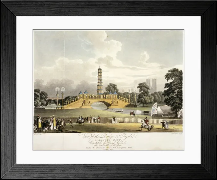 Framed Print : View of the Chinese bridge and pagoda in St Jamess Park, London, 1814 Framed Print : View of the Chinese bridge and pagoda in St Jamess Park, London, 1814