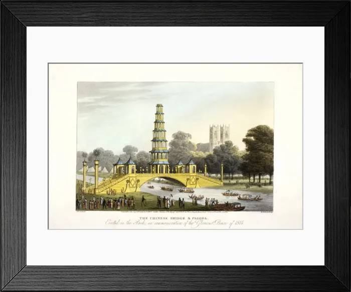 Framed Print : The Chinese bridge and pagoda, erected in St Jamess Park, London, 1814. Artist Framed Print : The Chinese bridge and pagoda, erected in St Jamess Park, London, 1814. Artist
