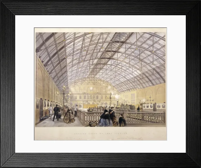 Framed Print : Interior of Charing Cross Station showing trains and the iron roof, London, c1890 Framed Print : Interior of Charing Cross Station showing trains and the iron roof, London, c1890