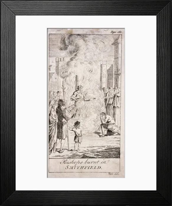 Framed Print : Protestant bishops being burnt at Smithfield, during the reign of Mary I, 16th century, (c1760) Framed Print : Protestant bishops being burnt at Smithfield, during the reign of Mary I, 16th century, (c1760)