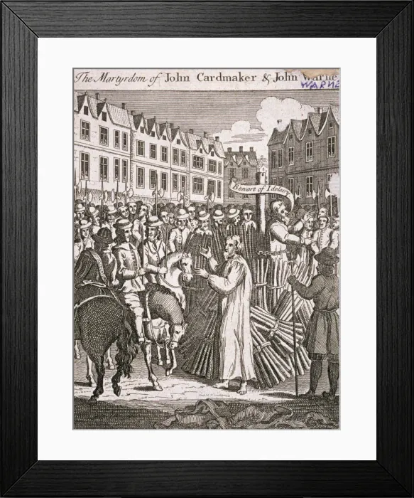 Framed Print : The execution of John Cardmaker and John Warne at Smithfield, 1555, (c1725). Artist Framed Print : The execution of John Cardmaker and John Warne at Smithfield, 1555, (c1725). Artist