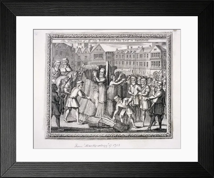 Framed Print : The execution of John Bradford and John Leaf at Smithfield, 1555, (c1713) Framed Print : The execution of John Bradford and John Leaf at Smithfield, 1555, (c1713)