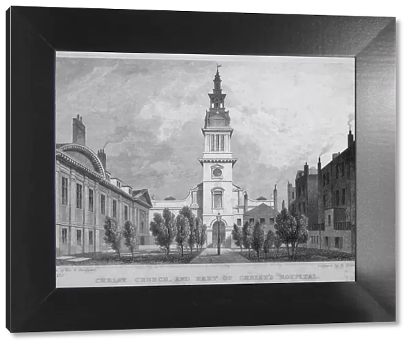 West view of Christ Church, Newgate Street, with part of Christs Hospital, City of London, 1830