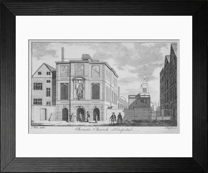 Framed Print : Christs Hospital with Christ Church, Newgate Street in the background, City of London, 1761 Framed Print : Christs Hospital with Christ Church, Newgate Street in the background, City of London, 1761