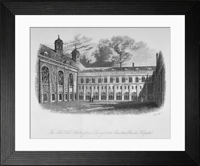 Framed Print : The Old Hall, Whittingtons Library and the cloisters, Christs Hospital, City of London, 1825 Framed Print : The Old Hall, Whittingtons Library and the cloisters, Christs Hospital, City of London, 1825