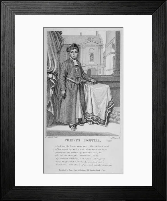 Framed Print : Christs Hospital pupil with the school buildings in the background, City of London, 1827 Framed Print : Christs Hospital pupil with the school buildings in the background, City of London, 1827