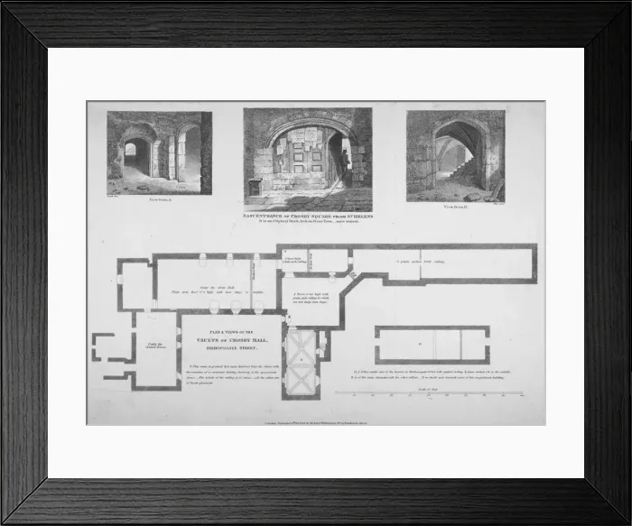 Framed Print : Plan and two views of the Crosby Hall vaults at no 36 Bishopsgate, City of London, 1816 Framed Print : Plan and two views of the Crosby Hall vaults at no 36 Bishopsgate, City of London, 1816