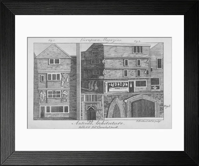 Framed Print : Four views of architectural features on buildings in Cloth Fair, Smithfield, City of London, 1800 Framed Print : Four views of architectural features on buildings in Cloth Fair, Smithfield, City of London, 1800