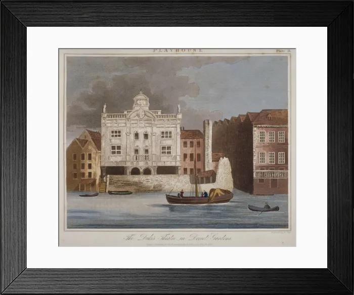 Framed Print : The Dukes Theatre, Dorset Gardens, from the River Thames, City of London, 1825