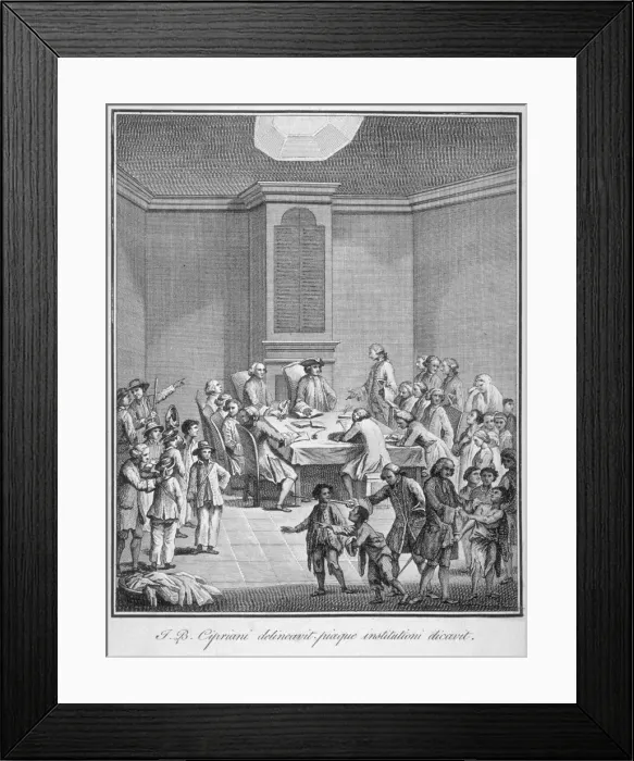 Framed Print : Interior view of the Marine Societys office over the Royal Exchange, City of London, 1758 Framed Print : Interior view of the Marine Societys office over the Royal Exchange, City of London, 1758