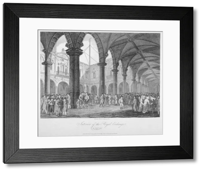 Framed Print : Interior view of the Royal Exchange with figures in the courtyard, City of London, 1805 Framed Print : Interior view of the Royal Exchange with figures in the courtyard, City of London, 1805