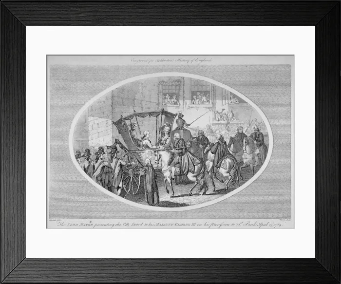 Framed Print : The Lord Mayor presenting the City Sword to King George III at Temple Bar, London, 1789 (1791) Framed Print : The Lord Mayor presenting the City Sword to King George III at Temple Bar, London, 1789 (1791)
