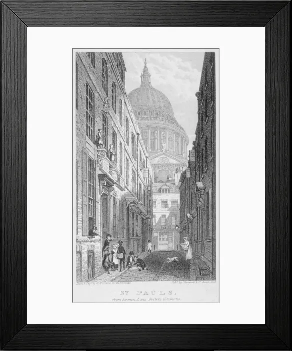 Framed Print : View of St Pauls Cathedral from Sermon Lane, City of London, 1823. Artist Framed Print : View of St Pauls Cathedral from Sermon Lane, City of London, 1823. Artist