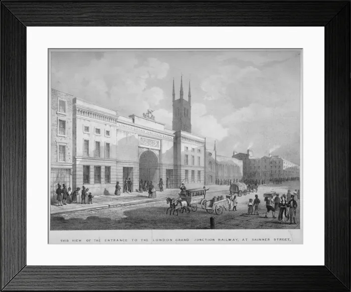 Framed Print : Entrance to the Grand Junction Railway terminal, Skinner Street, near Holborn Viaduct, London, 1835 Framed Print : Entrance to the Grand Junction Railway terminal, Skinner Street, near Holborn Viaduct, London, 1835