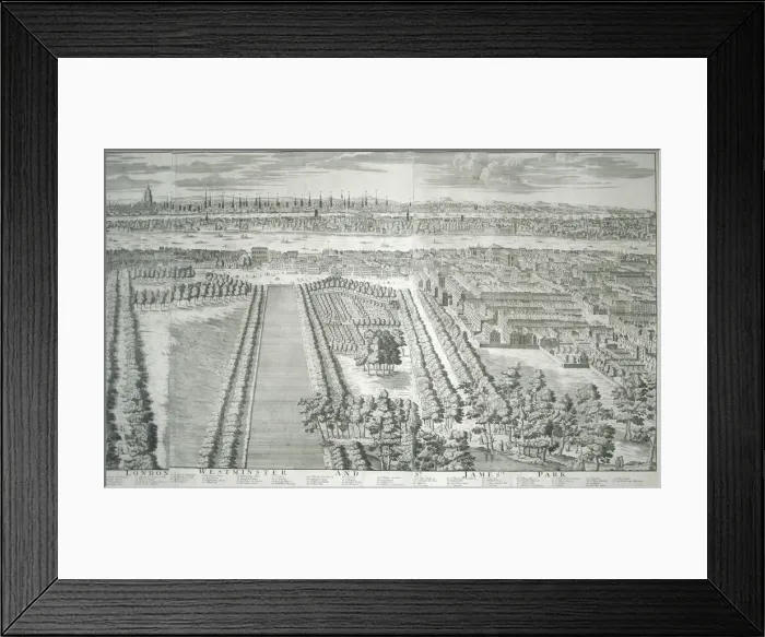Framed Print : Panoramic view of the City of London and Westminster showing St Jamess Park, 1730 Framed Print : Panoramic view of the City of London and Westminster showing St Jamess Park, 1730