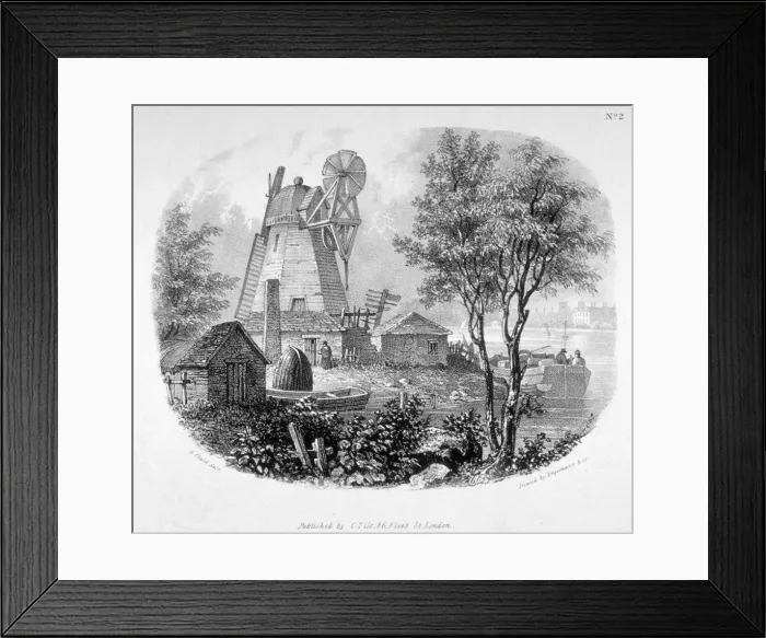 Framed Print : View of a windmill and the River Thames, Battersea, London, 1830 Framed Print : View of a windmill and the River Thames, Battersea, London, 1830