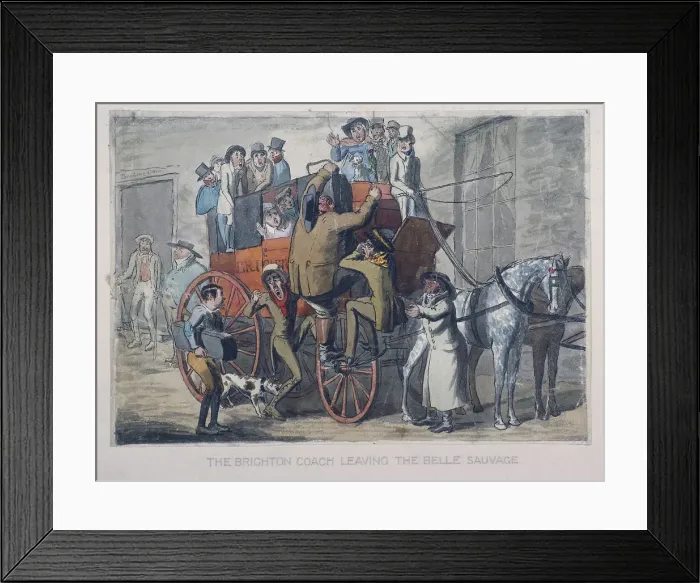 Framed Print : Brighton Coach leaving th Belle Sauvage Inn, London, c1840 Framed Print : Brighton Coach leaving th Belle Sauvage Inn, London, c1840