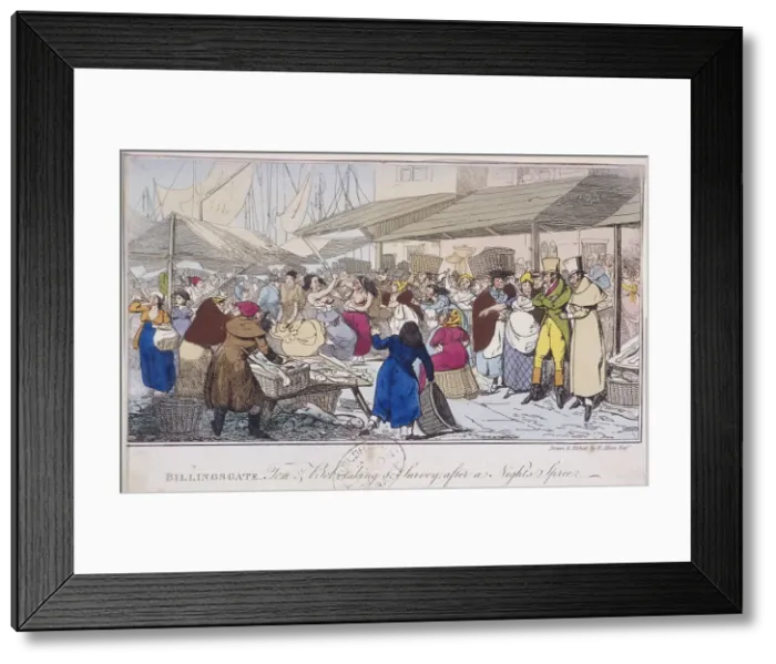 Framed Print : Billingsgate: Tom and Bob taking a survey after a nights spree, London, 1820 Framed Print : Billingsgate: Tom and Bob taking a survey after a nights spree, London, 1820