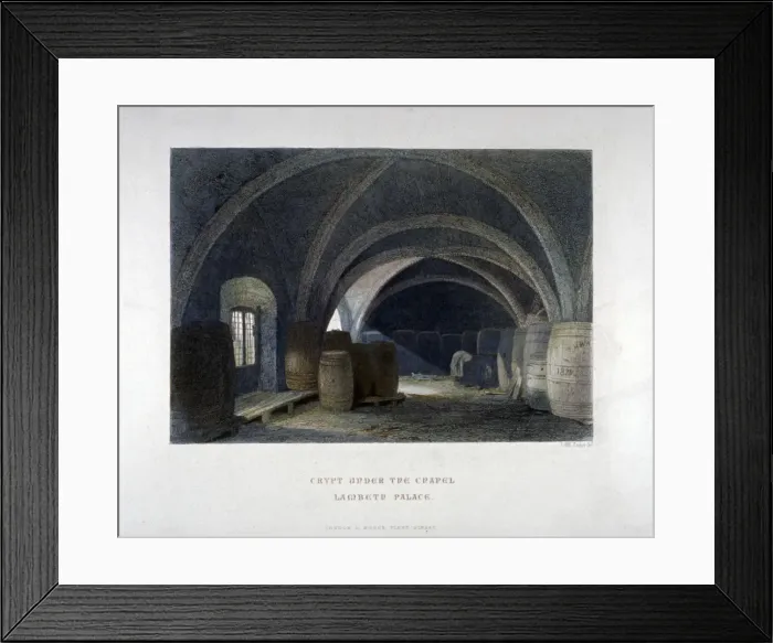 Framed Print : Crypt filled with barrrels under the chapel at Lambeth Palace, London, 1851. Artist Framed Print : Crypt filled with barrrels under the chapel at Lambeth Palace, London, 1851. Artist