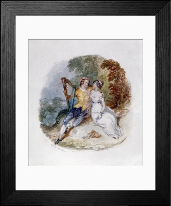 Framed Print : Two Lovers on a Bank with a Harp, 19th century. Artist: Henry Courtney Selous