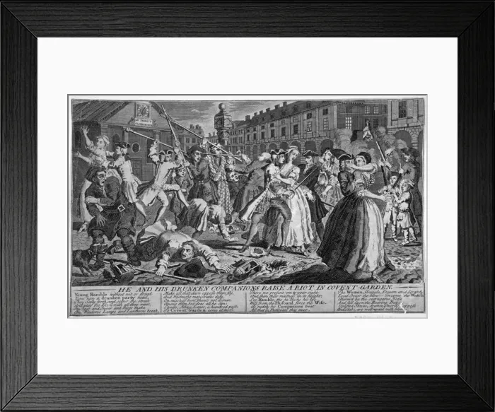 Framed Print : He and his drunken companions raise a riot in Covent Garden, 1735 Framed Print : He and his drunken companions raise a riot in Covent Garden, 1735