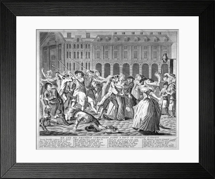Framed Print : He and his drunken companions raise a riot in Covent Garden, 1735. Artist Framed Print : He and his drunken companions raise a riot in Covent Garden, 1735. Artist