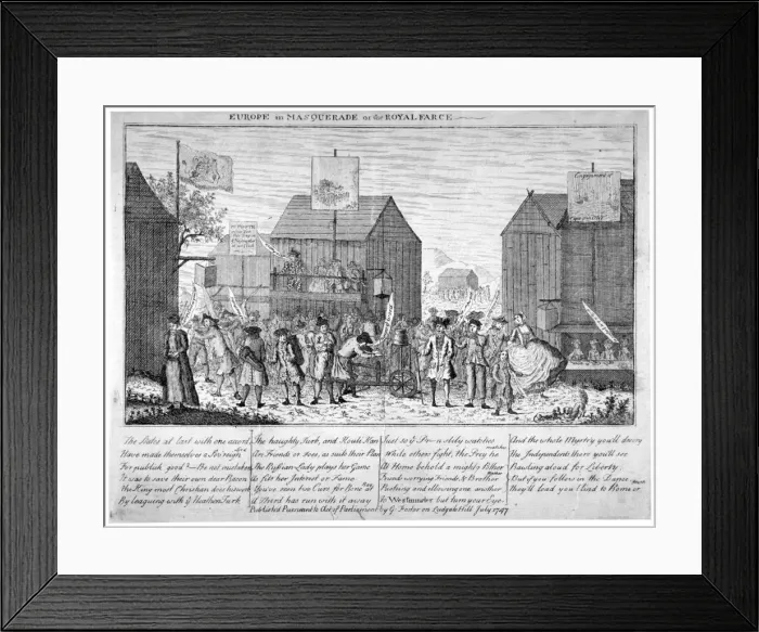 Framed Print : Europe in masquerade, or the Royal farce, 1747. Artist: G Foster Framed Print : Europe in masquerade, or the Royal farce, 1747. Artist: G Foster
