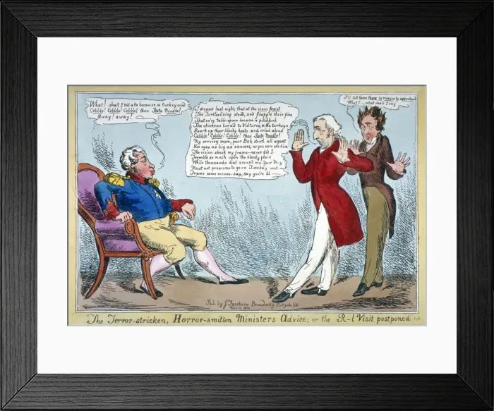 Framed Print : The terror-stricken, horror-smitten ministers advice, or the R[oya]l visit postponed, 1830