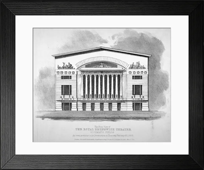 Framed Print : Front view of the Royal Brunswick Theatre, Goodmans Fields, Stepney, London, 1828 Framed Print : Front view of the Royal Brunswick Theatre, Goodmans Fields, Stepney, London, 1828