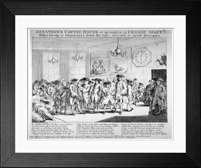 Framed Print : Jonathans Coffee House, London, 1763. Artist: HO Neal Framed Print : Jonathans Coffee House, London, 1763. Artist: HO Neal