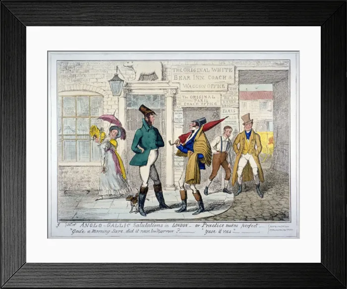 Framed Print : Anglo-Gallic salutations in London - or Practice makes perfect -, 1835. Artist Framed Print : Anglo-Gallic salutations in London - or Practice makes perfect -, 1835. Artist