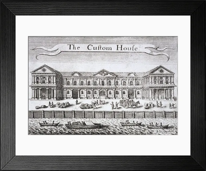 Framed Print : Custom House and River Thames, London, c1670. Artist: John Dunstall Framed Print : Custom House and River Thames, London, c1670. Artist: John Dunstall