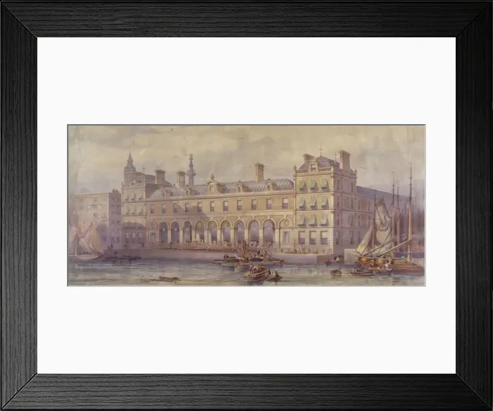 Framed Print : View of Billingsgate Market with figures and boats in the foreground, London, 1877 Framed Print : View of Billingsgate Market with figures and boats in the foreground, London, 1877