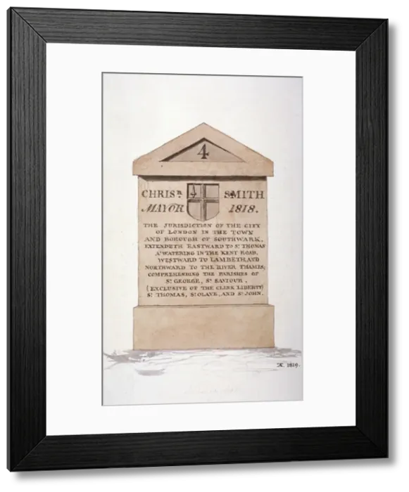 Framed Print : Boundary stone between the City of London and Southwark, 1819. Artist: TA Framed Print : Boundary stone between the City of London and Southwark, 1819. Artist: TA