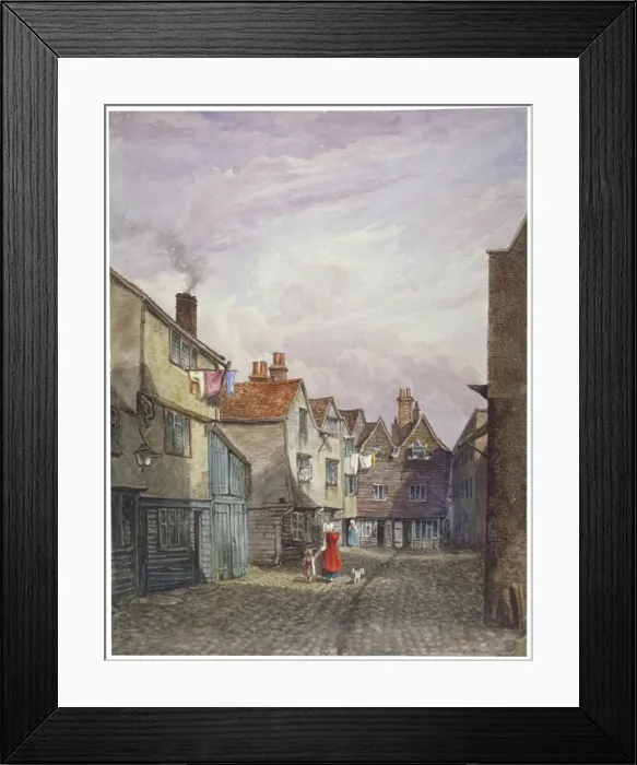 Framed Print : View of a woman and a child walking down Crown Court, Bermondsey, London, c1825. Artist Framed Print : View of a woman and a child walking down Crown Court, Bermondsey, London, c1825. Artist