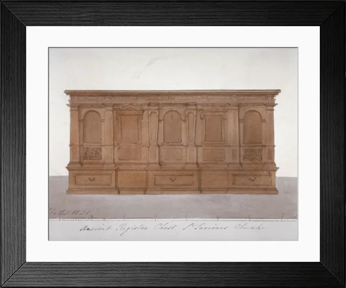 Framed Print : Ancient register chest from Southwark Cathedral, London, 1825. Artist: G Yates Framed Print : Ancient register chest from Southwark Cathedral, London, 1825. Artist: G Yates