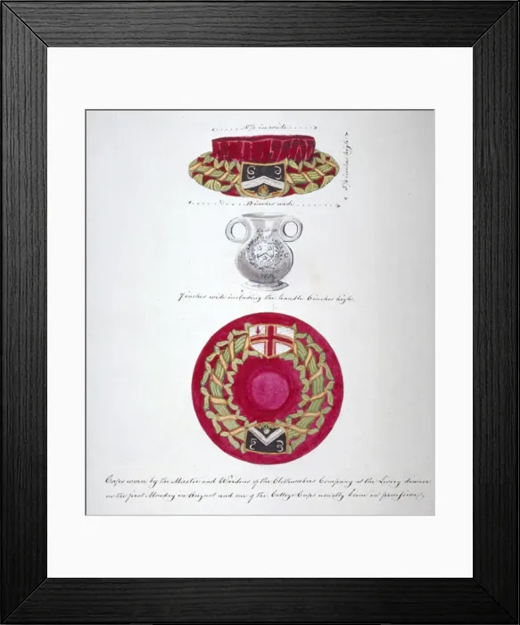 Framed Print : Caps worn by the Master and Wardens of the Company of Clothworkers, London, c1850 Framed Print : Caps worn by the Master and Wardens of the Company of Clothworkers, London, c1850