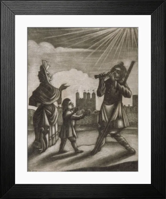 Framed Print : Man piping and a woman and child dancing near the walls of the Tower of London, c1770 Framed Print : Man piping and a woman and child dancing near the walls of the Tower of London, c1770