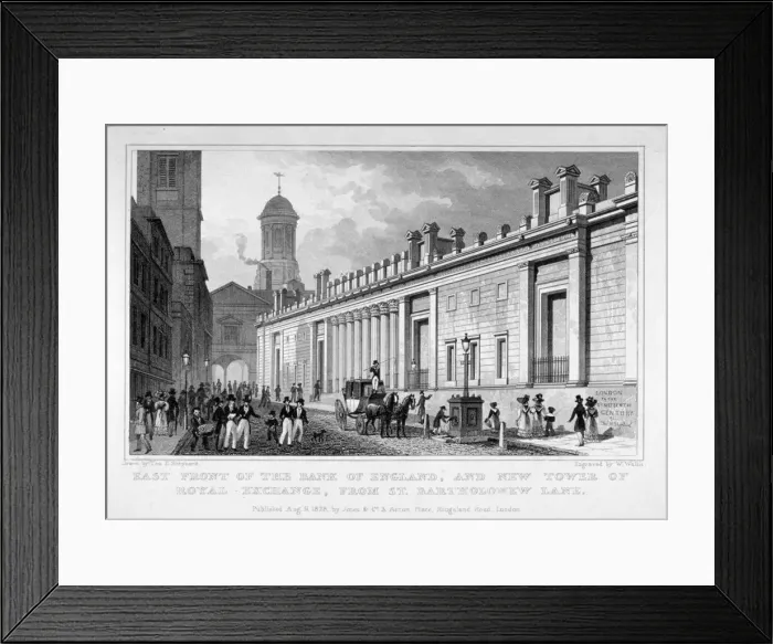 Framed Print : The Bank of England and new tower of the Royal Exchange, City of London, 1828. Artist Framed Print : The Bank of England and new tower of the Royal Exchange, City of London, 1828. Artist