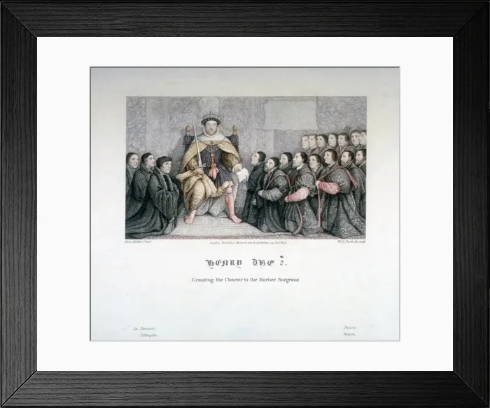 Framed Print : Henry VIII granting the charter to the Barber Surgeons, 16th century, (1817) Framed Print : Henry VIII granting the charter to the Barber Surgeons, 16th century, (1817)