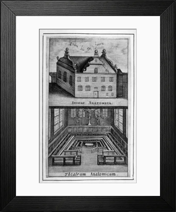 Framed Print : View of exterior of building and anatomical theatre inside, c1662 Framed Print : View of exterior of building and anatomical theatre inside, c1662