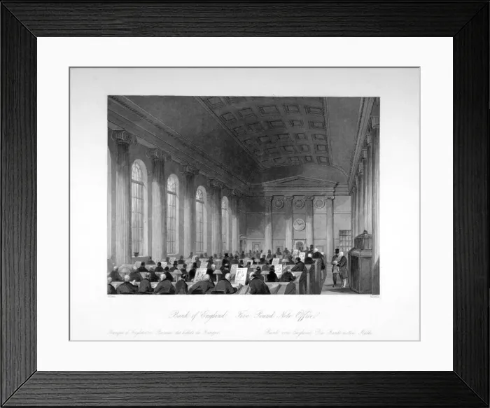 Framed Print : Interior view of the Five Pound Note Office at the Bank of England, City of London, c1840 Framed Print : Interior view of the Five Pound Note Office at the Bank of England, City of London, c1840